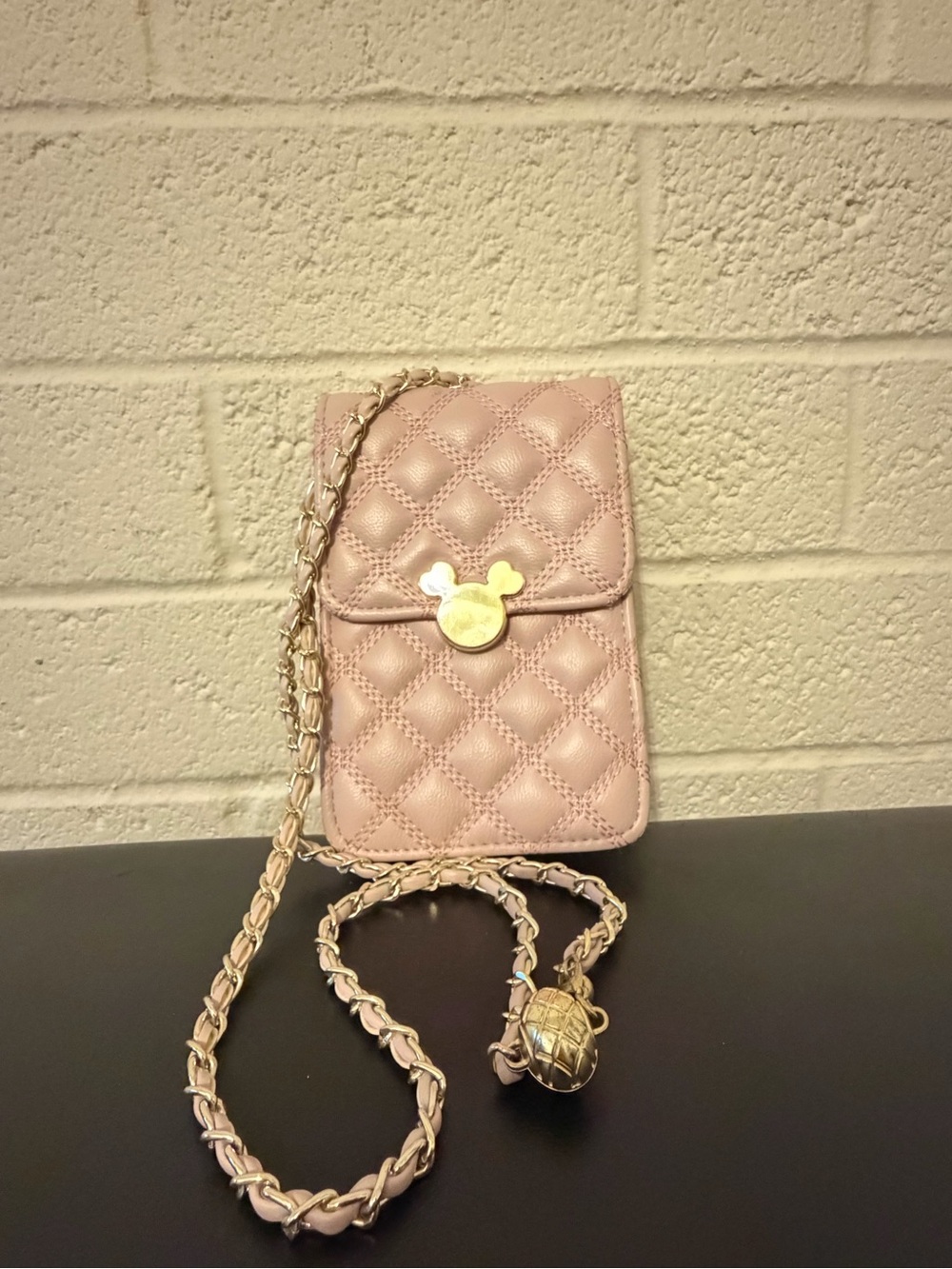 Disney Quilted Light Pink Crossbody Phone Bag with Gold Mickey Accent